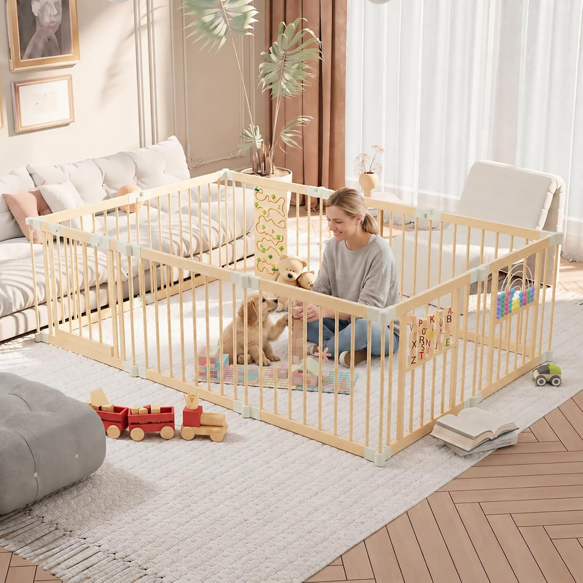 Foldable wooden dog playpen with door set up in a living room