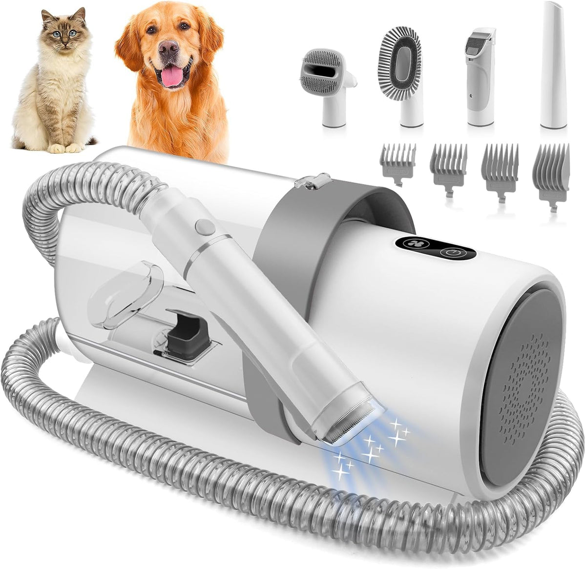 White and gray pet grooming vacuum with attachments and clipper combs