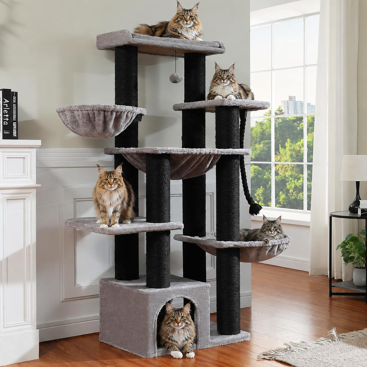 Black 67 inch cat tree with thick scratching posts, condo and hammocks