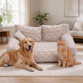 Khaki fluffy pet sofa bed with raised rim and zippered cover – view 5