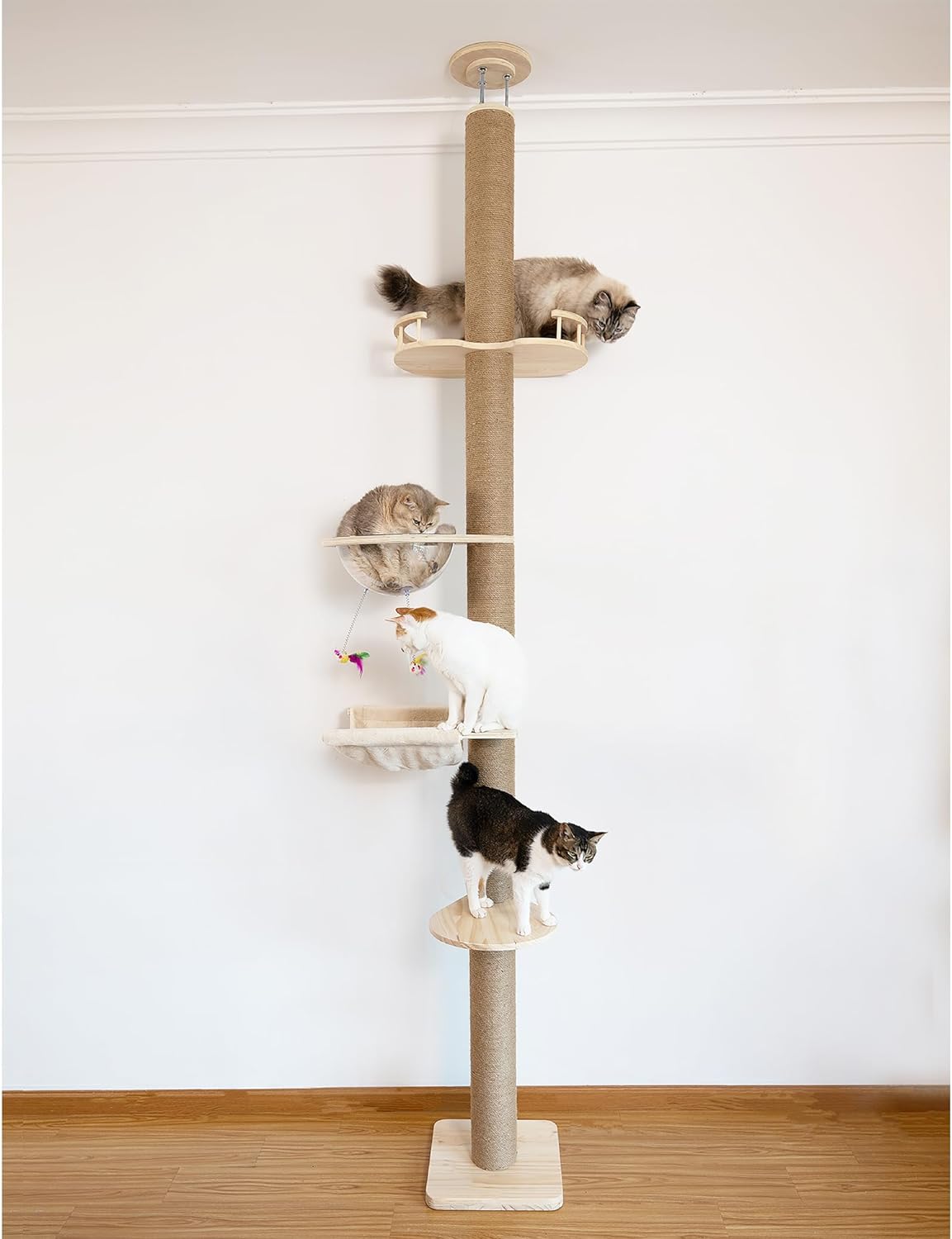 Tall floor-to-ceiling cat tower with hemp scratching posts and platforms – view 2