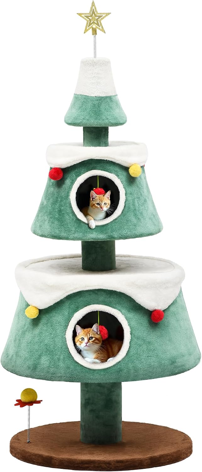 63-inch Christmas tree shaped cat tower with two houses and star