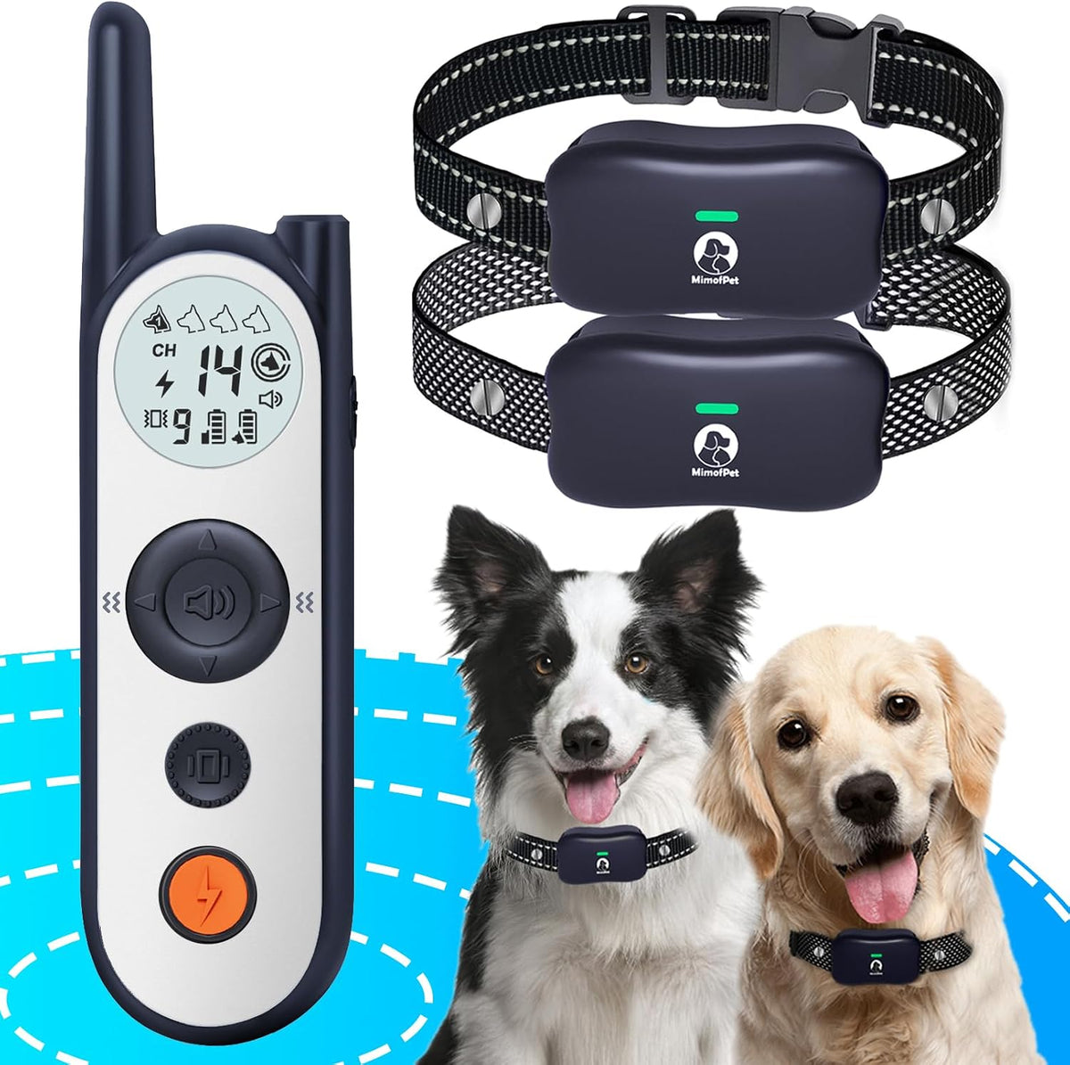 Wireless dog fence with two waterproof training collars and flash light