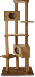 Brown six-level plush cat tree with coconut rope scratching posts and cubbies
