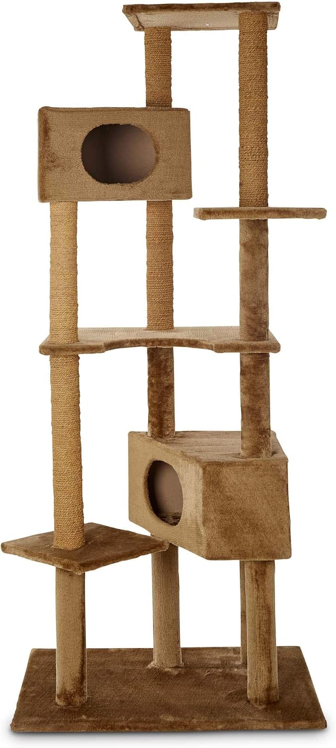 Brown six-level plush cat tree with coconut rope scratching posts and cubbies