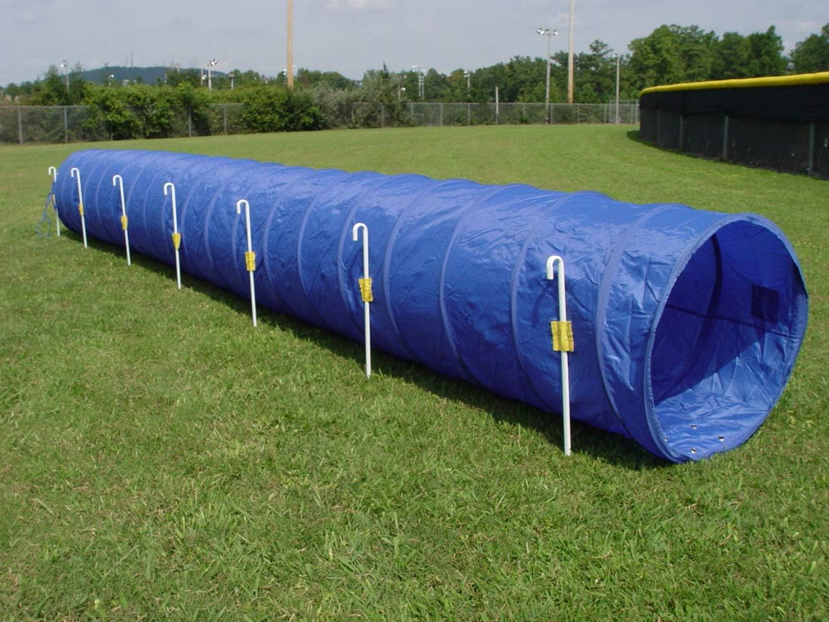 Teal 18 foot dog agility tunnel staked on grass – view 2