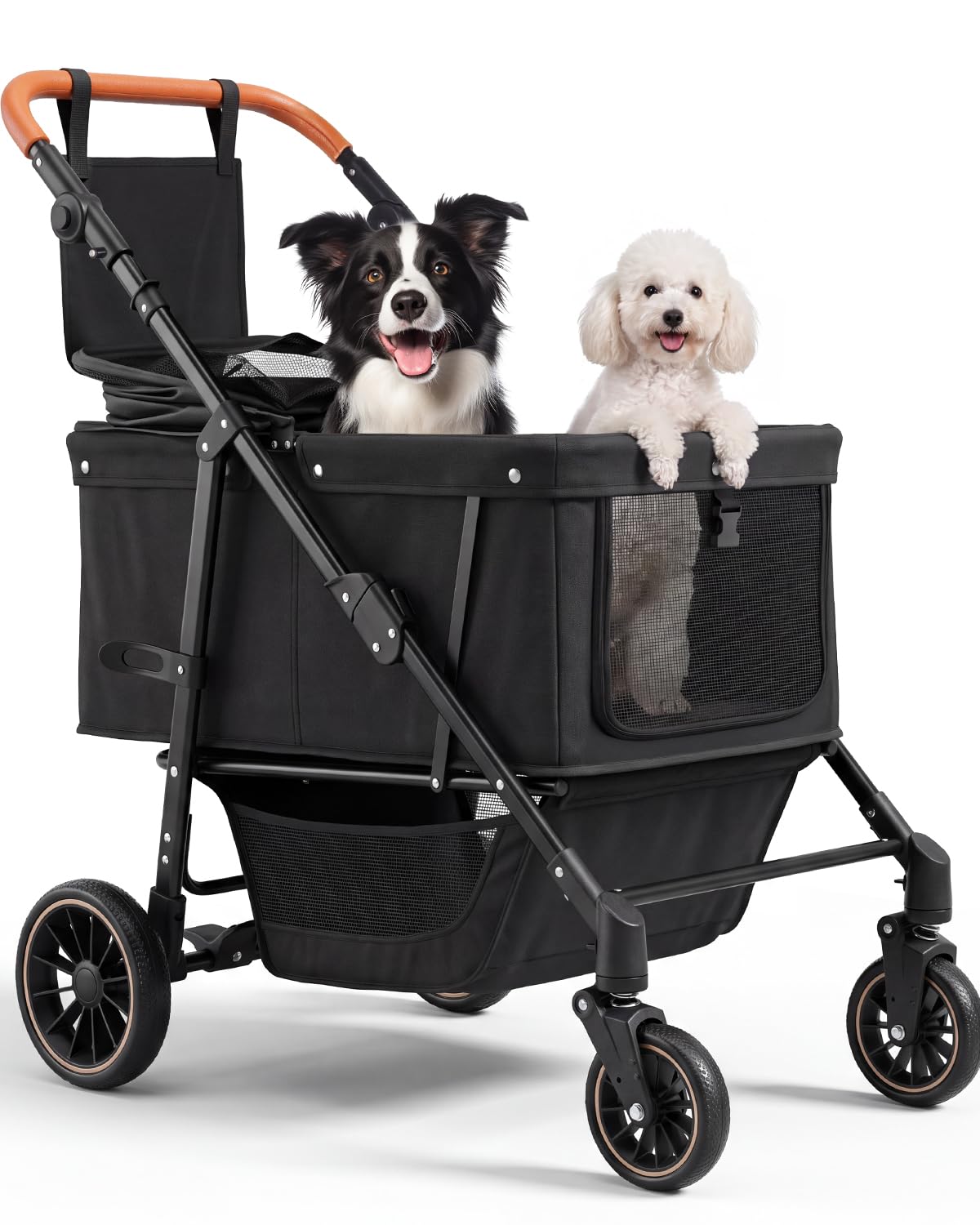 Navy blue foldable dog stroller with canopy, adjustable handle and large rear wheels – view 2