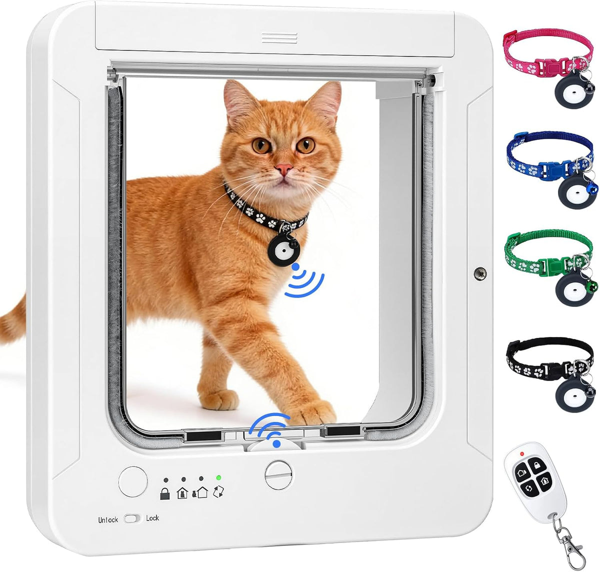 White RFID smart cat door flap with collar sensor keys