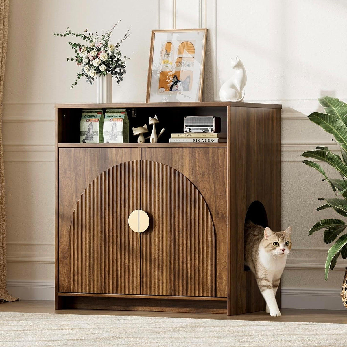 Fluted litter box cabinet with arched cat entrance and storage door
