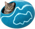 Handcrafted Felt Cat Bed Cave, Turquoise Blue with White Waves, Wool