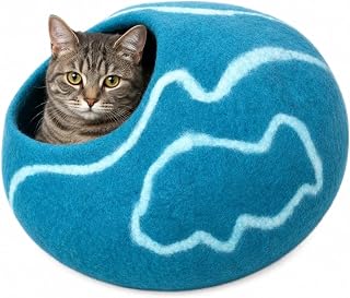 Handcrafted Felt Cat Bed Cave, Turquoise Blue with White Waves, Wool