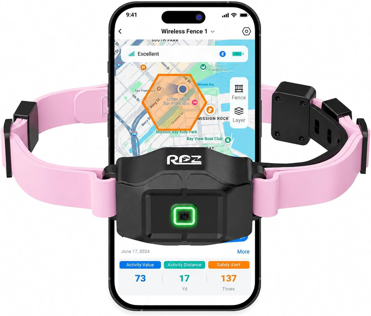 GPS wireless dog fence collar shown with a phone app boundary map – view 3