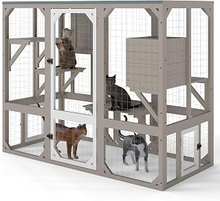 Gowoodhut 59.06 Inch Large Wooden Catio Outdoor Cat Enclosure with Window, 3 Jumping Platforms and Resting Room