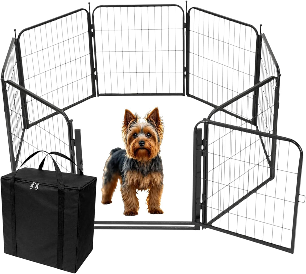 Black 40 inch metal dog playpen next to its carrying case – view 3
