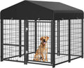 Large outdoor metal dog kennel with roof and rotating bowls on the gate – view 2