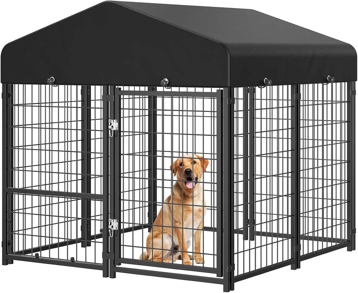 Large outdoor metal dog kennel with roof and rotating bowls on the gate – view 2