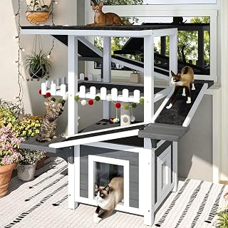 4-Tier Outdoor Cat House and Tree Tower, Weatherproof Pine Wood, Waterproof Asphalt Roof, Grey White