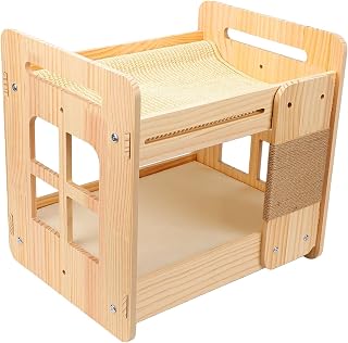 Solid Wood Cat Bed with Scratching Board, Two-Story Cat House