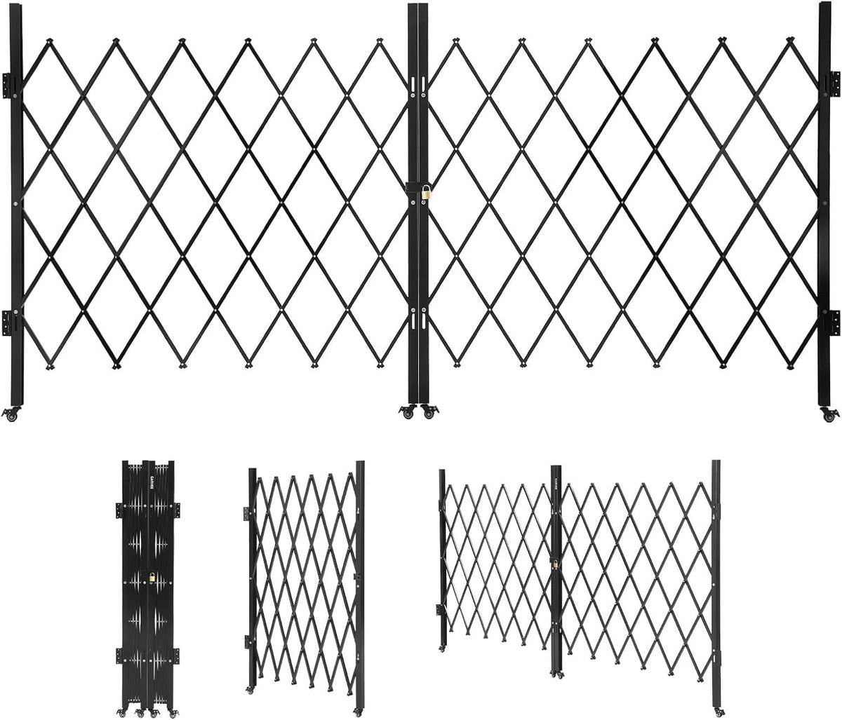Black expandable folding security gate with wheels and padlock – view 2