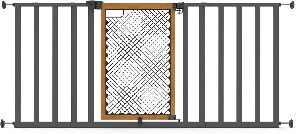 Walnut wood and charcoal metal walk-through pet gate in a doorway – view 2