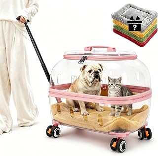 360 Degree Clear Window Rolling Pet Trolley Case for Cats and Small Dogs, Transparent Pink