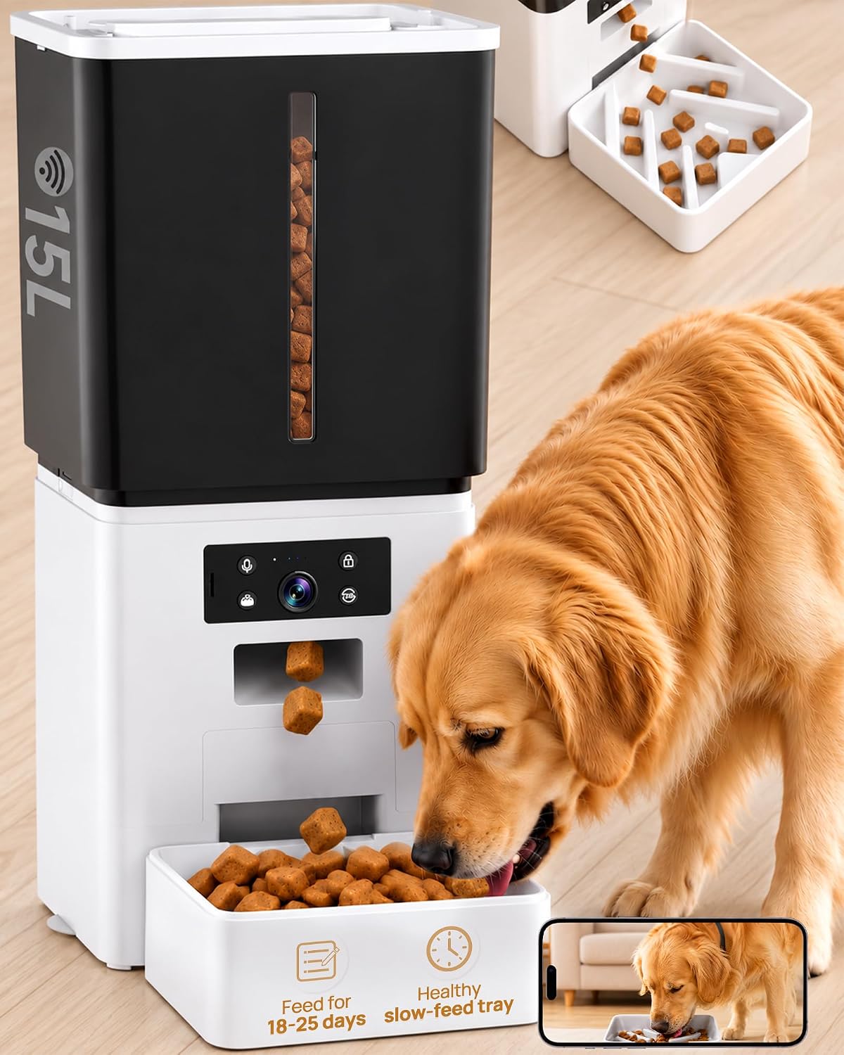 15 liter automatic dog feeder with slow-feed bowl on elevated base