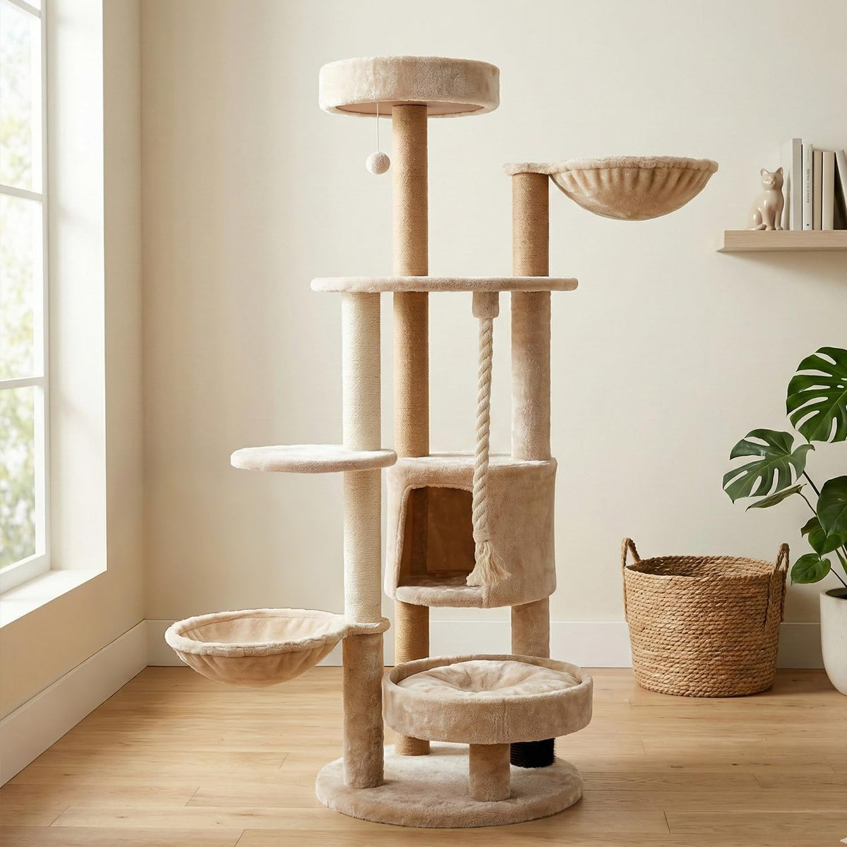 Brown 64 inch cat tree with round base, hammock and enclosed cave – view 4