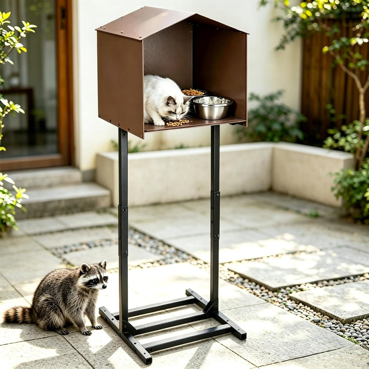 Elevated galvanized steel outdoor cat feeding station