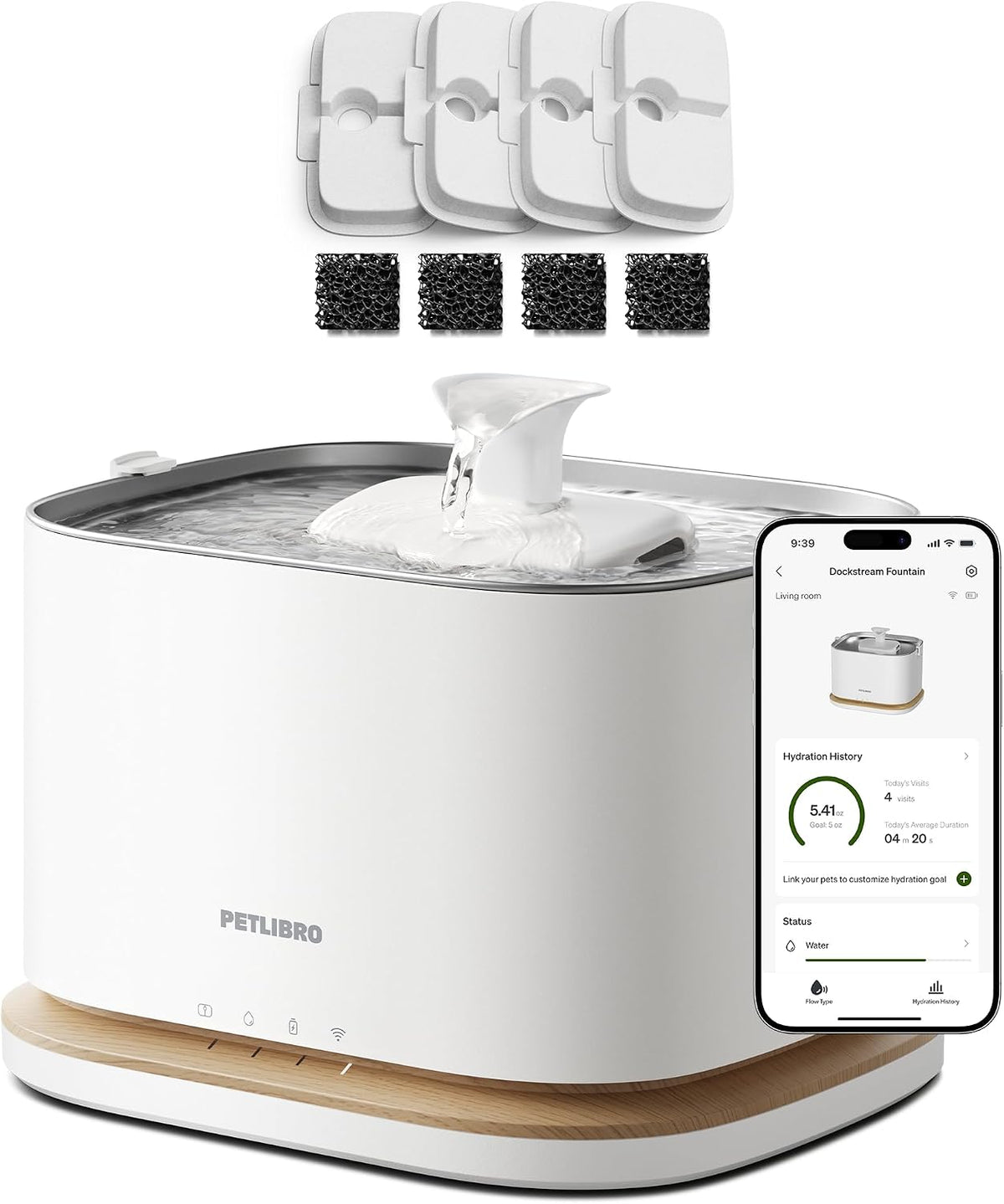 White 3L smart pet water fountain with stainless steel tray