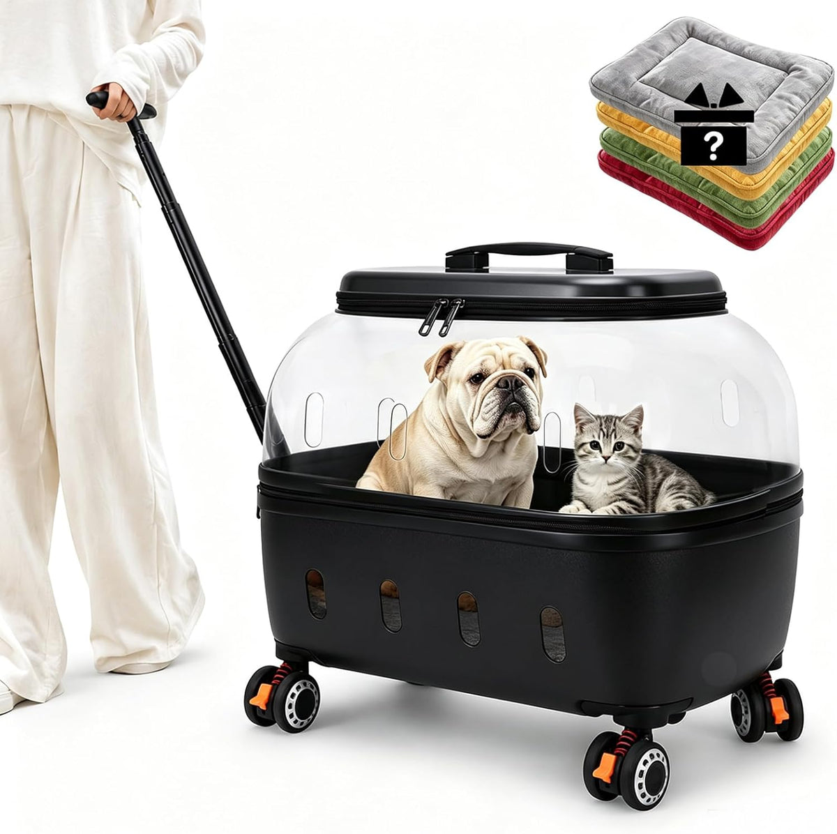 Transparent pink rolling pet trolley case with clear dome and pull handle – view 3