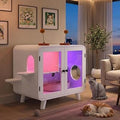 Retro TV Cabinet Cat Litter Box Enclosure with RGB LED Stairs and Glass Doors, MDF