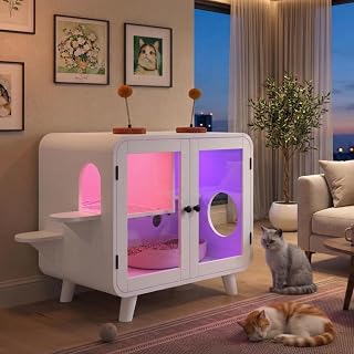 Retro TV Cabinet Cat Litter Box Enclosure with RGB LED Stairs and Glass Doors, MDF