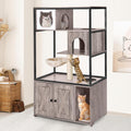 Grey wooden litter box enclosure with metal frame and barn door