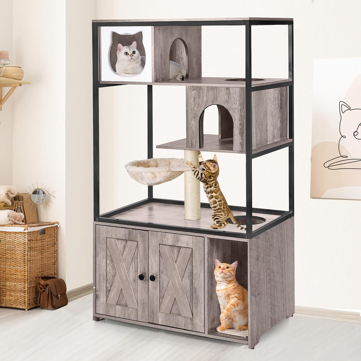 Grey wooden litter box enclosure with metal frame and barn door