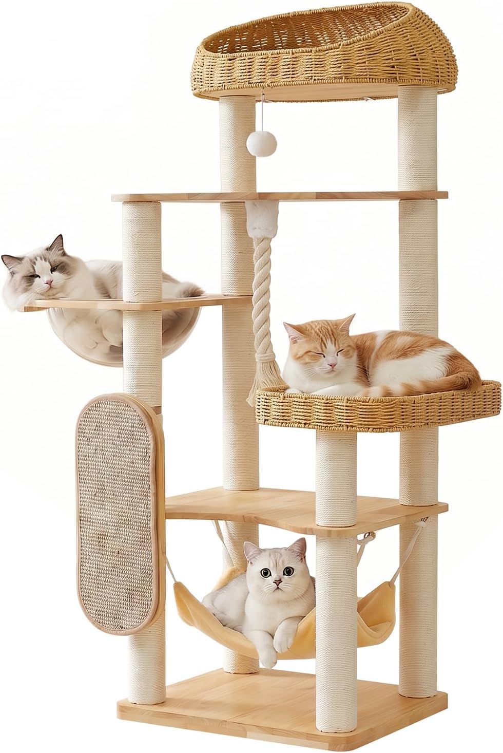 Rubberwood cat tree with caves, capsule and hammock
