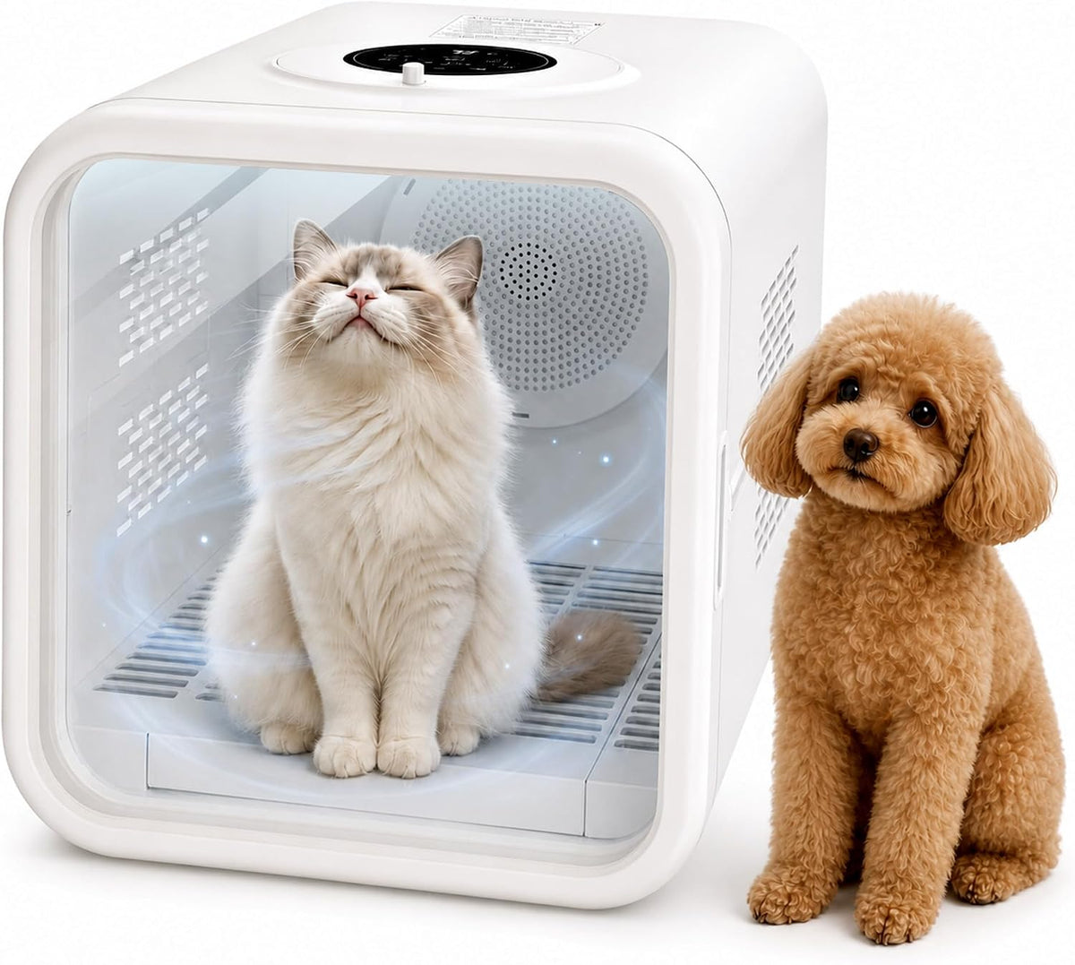 Enclosed pet dryer box with front window and cat inside