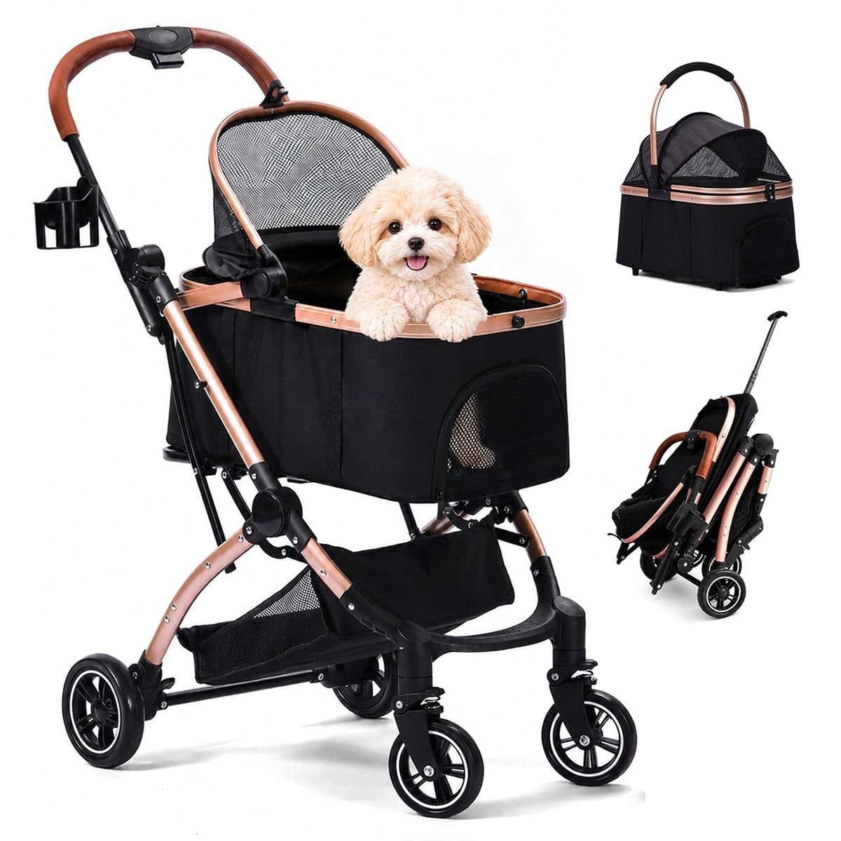 Black four-wheel pet stroller with detachable carrier