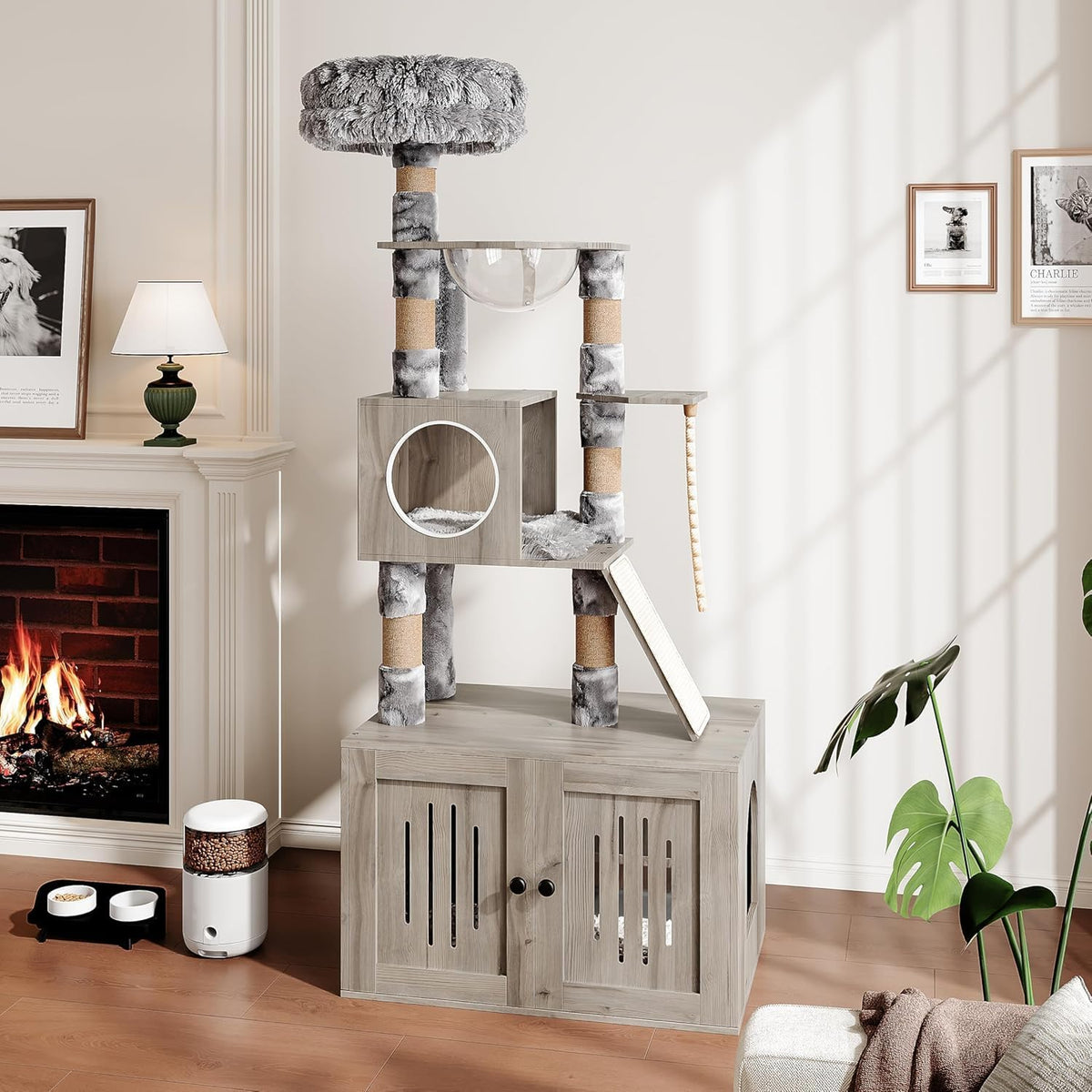 Multi-level cat tree built over a hidden litter box enclosure with plush perch and hammock – view 2