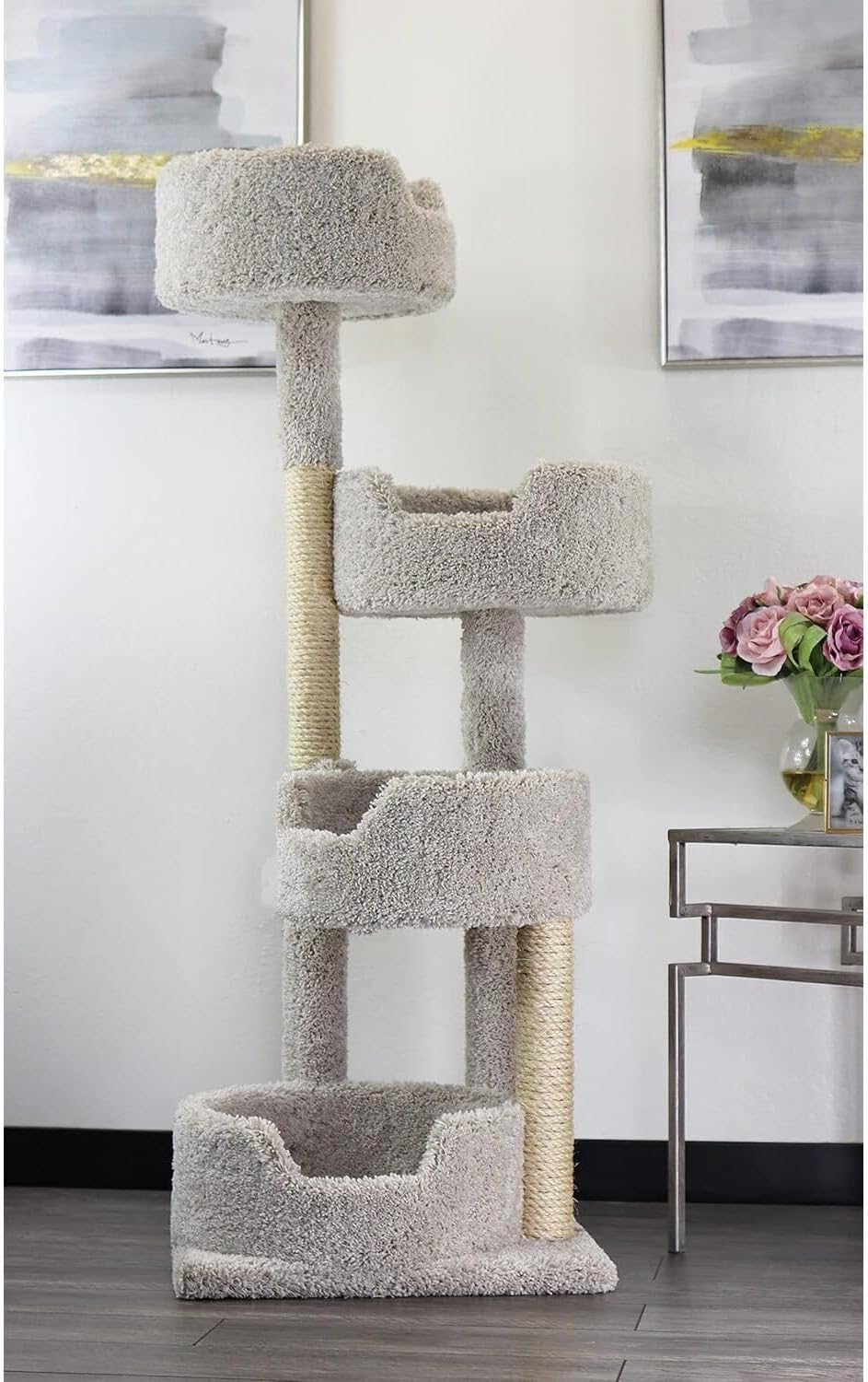 Beige solid wood stairway cat tree tower with perches