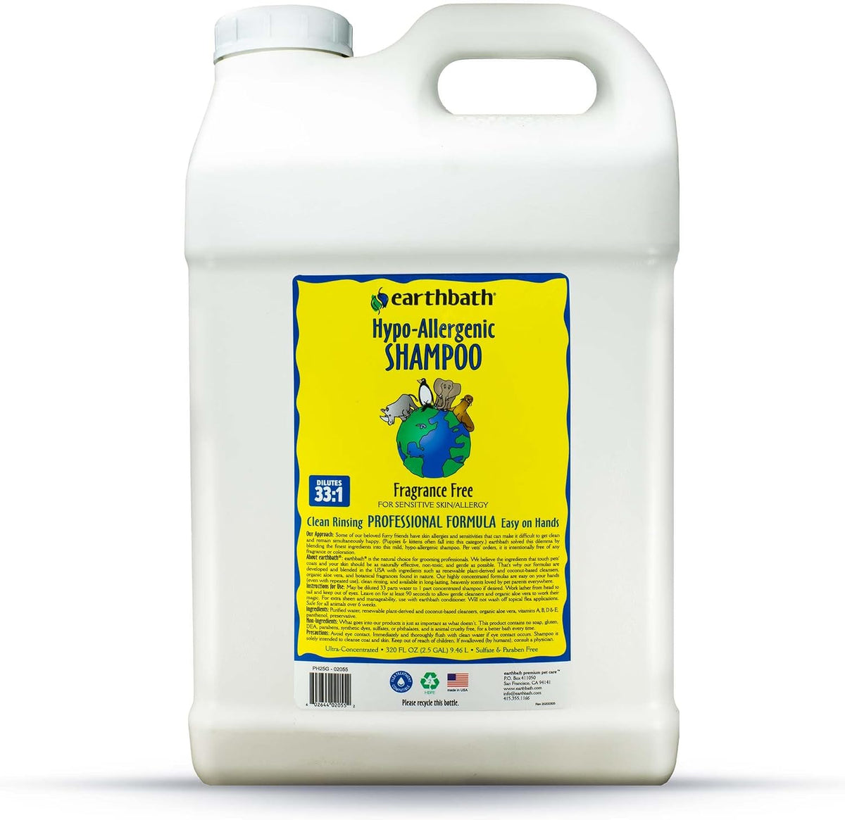 2.5 gallon bottle of fragrance-free hypoallergenic dog shampoo