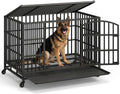 Black heavy duty 48 inch metal dog crate with two doors and casters