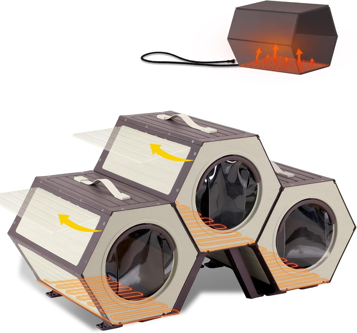 White and brown heated combined cat condo shelters