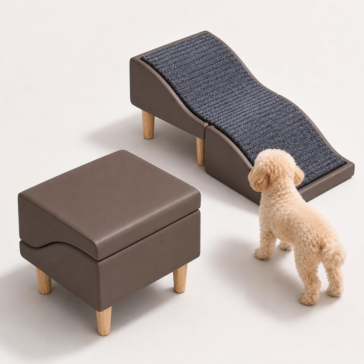 Orange curved wave pet ramp with felt mat and wood frame – view 3