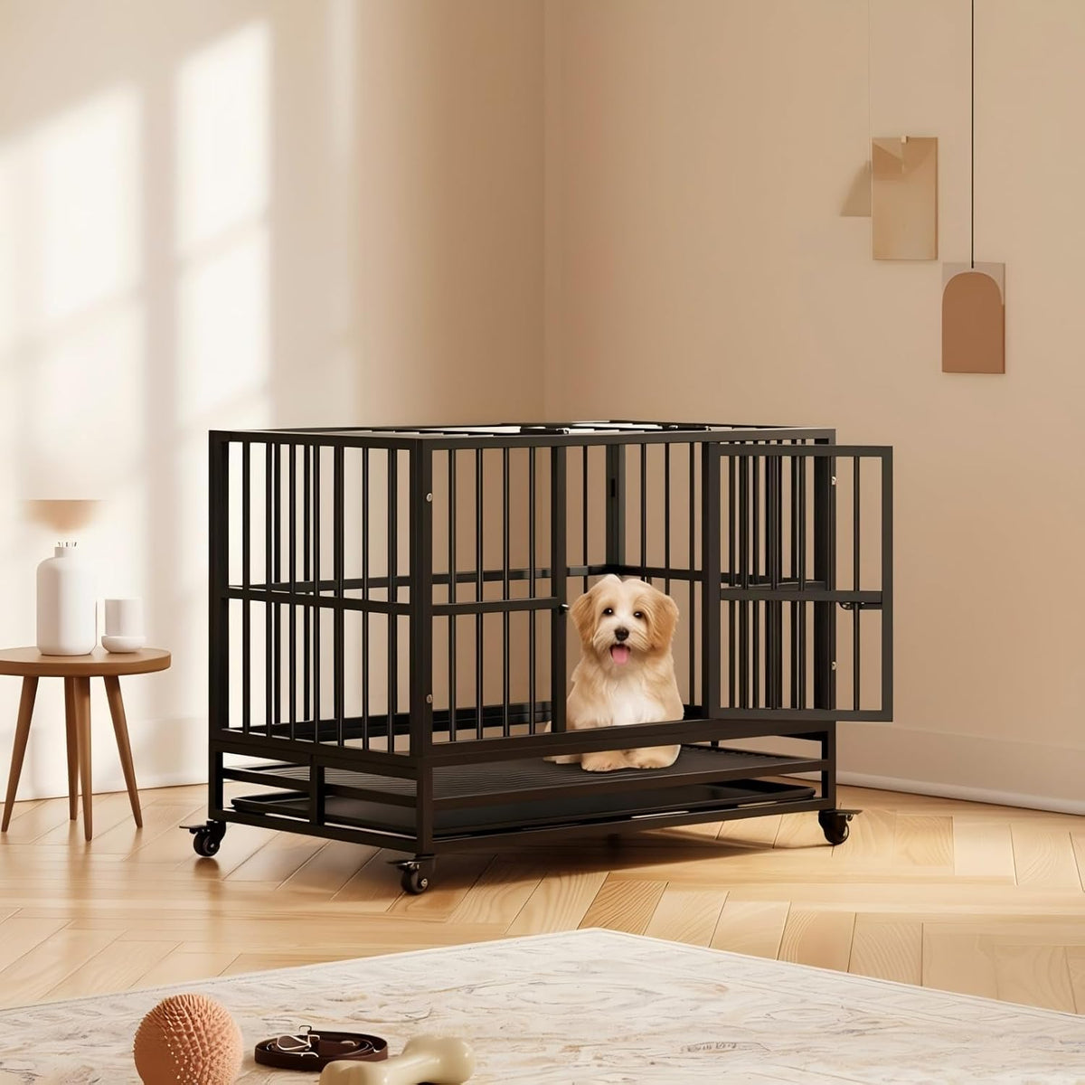 37 inch folding wire dog crate with two doors and removable tray