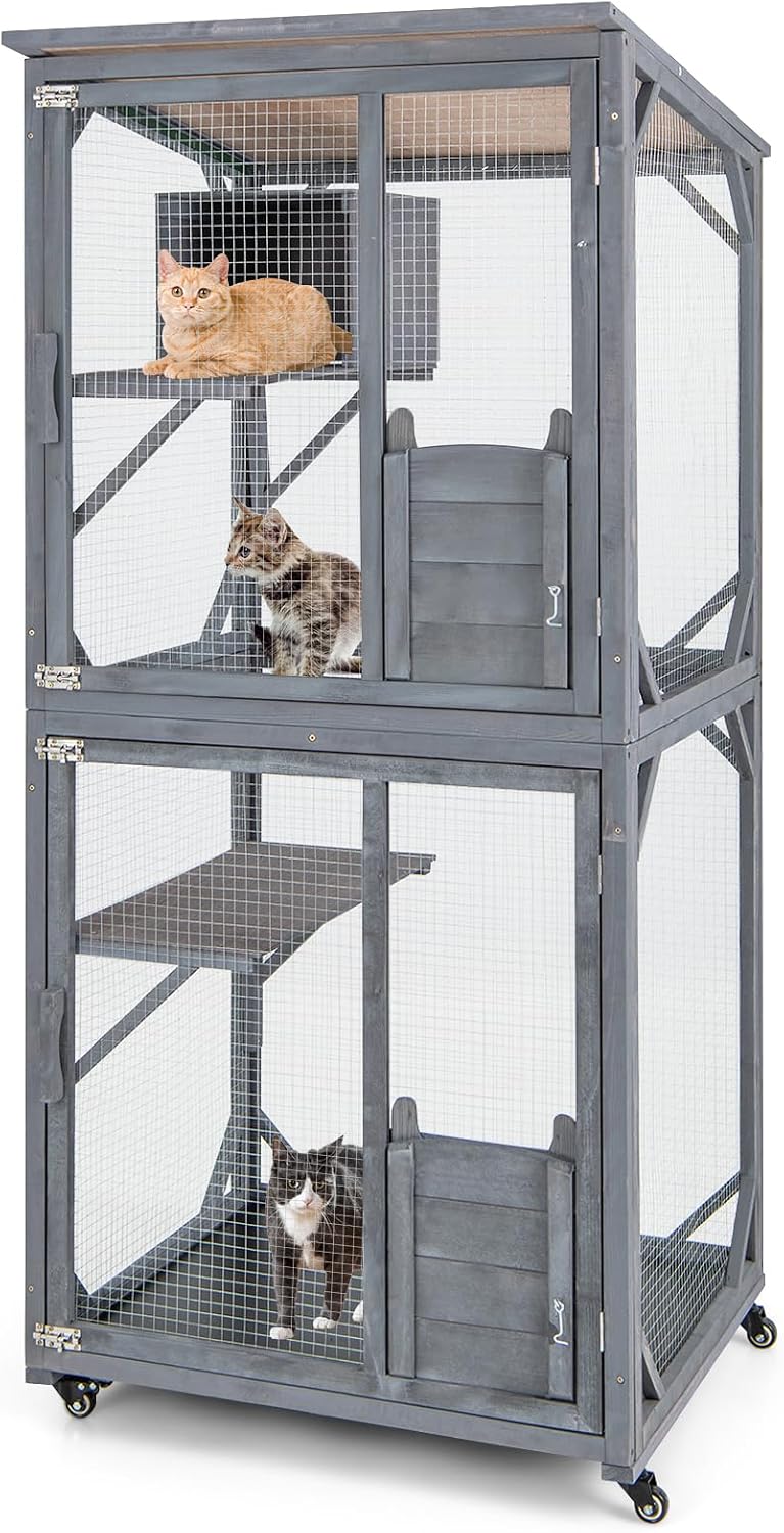 Wooden catio cat house on wheels with asphalt roof