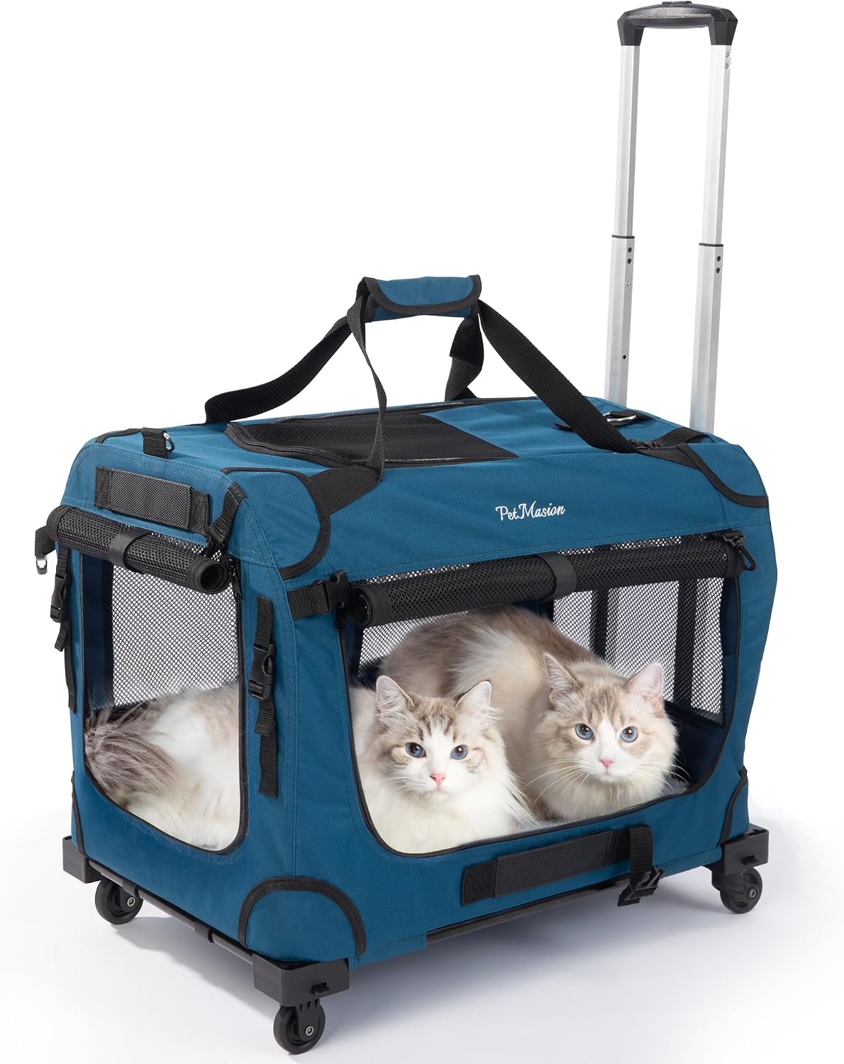 Prussian blue extra large soft-sided rolling cat carrier with wheels