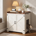 White and walnut cabinet hiding an automatic litter box, with charging station
