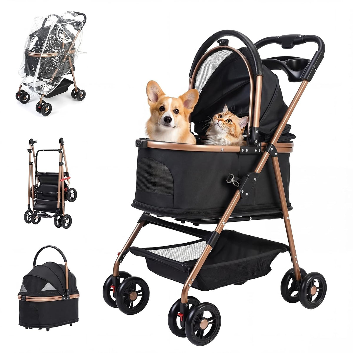 Black 3-in-1 pet stroller with detachable carrier car seat and mesh basket