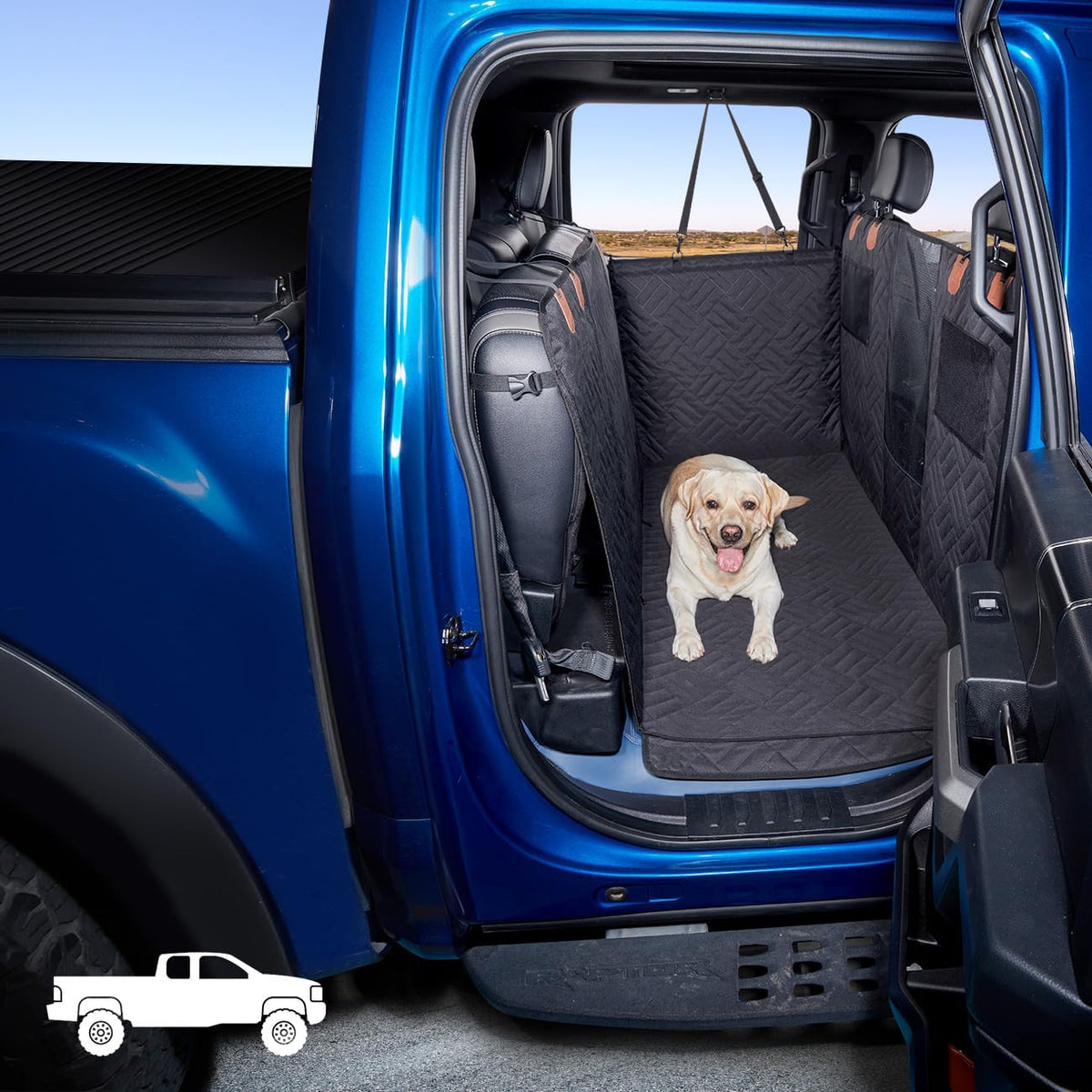 Black foldable back seat dog bed in a full-size pickup truck – view 2
