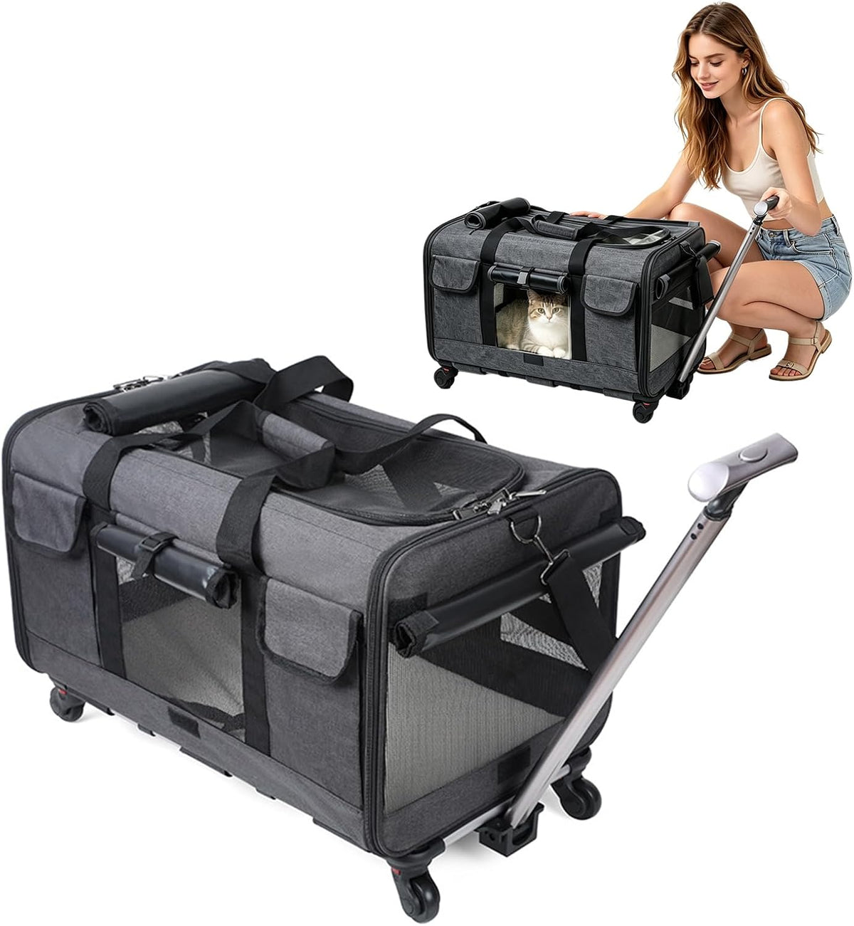 Rolling pet carrier with wheels, telescopic handle and shoulder strap – view 2